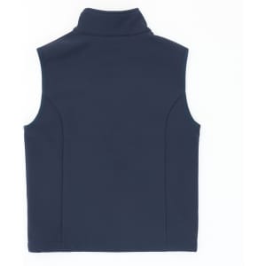 A navy softshell vest with a high collar and no sleeves, featuring a logo.