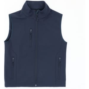 A navy softshell vest featuring a high collar and multiple zippered pockets. It has a logo on the front.