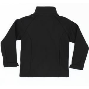 A black Youth Prime Softshell Jacket featuring a high collar and raglan sleeves, with a logo present.