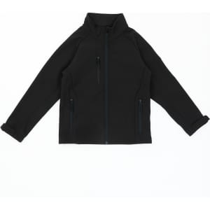 A black softshell jacket featuring a zip front and two zippered pockets, with a high collar and no visible branding.