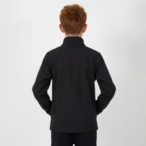 A youth black softshell jacket seen from the back, featuring a collar and fitted design. The jacket has a logo.