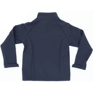 A navy softshell jacket featuring a collared neck and long sleeves, with a branding logo on the back.