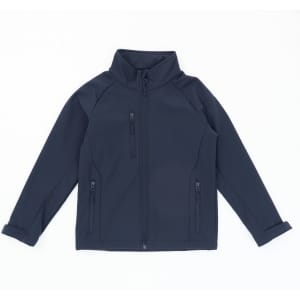 A navy softshell jacket featuring a zip front and two side pockets, designed for youth wear.