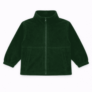 A dark green polar fleece full zip jacket with a high collar and two front pockets. It features elastic cuffs and has a logo.