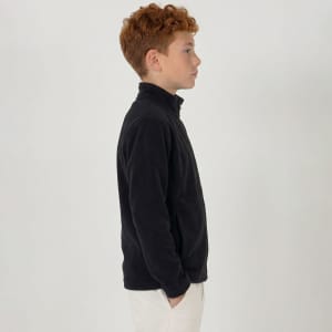 A black polar fleece full zip jacket for youth, featuring a high collar and a side profile view.