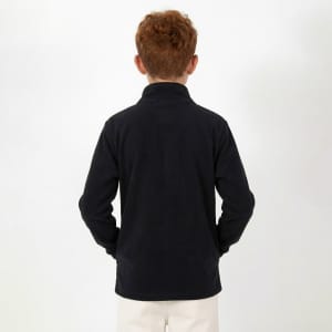 A polar fleece full zip jacket in navy, displayed from the back on a young model with curly red hair.
