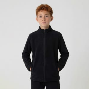 A youth full zip fleece jacket in black, featuring a stand-up collar and side pockets. It has a logo on it.