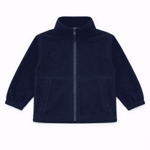 A navy polar fleece full zip jacket with long sleeves and two front pockets. Features a high collar and a zip closure.