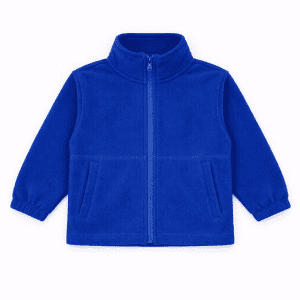 A blue polar fleece full zip jacket featuring a high collar and side pockets, with elasticated cuffs. It has a logo.