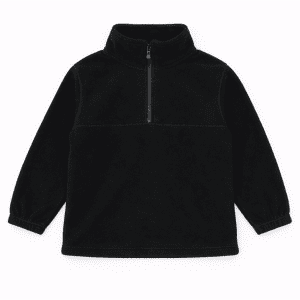 A black polar fleece 1/4 zip pullover with a high collar and elasticated cuffs, featuring a logo.