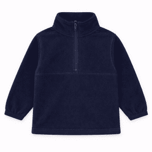 A navy polar fleece 1/4 zip jacket featuring long sleeves and a high collar. It has a logo on the front.
