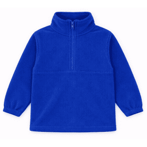 A blue polar fleece 1/4 zip jumper featuring long sleeves and a high collar, with a logo displayed.