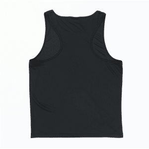 A black singlet with a sleeveless design and a plain back, featuring a logo.