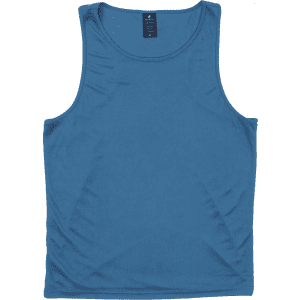 A blue singlet with a smooth texture and a logo on the inside label.
