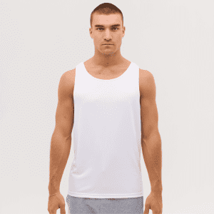 A white singlet is displayed on a model with short, light brown hair, featuring a simple design and a logo.