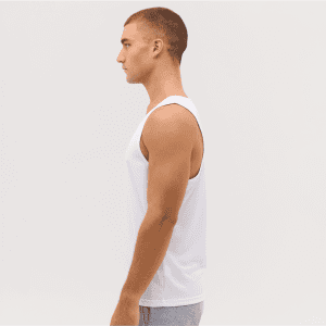 A white singlet is displayed on a model, showcasing a side profile view. The singlet features a simple design with no visible logos.