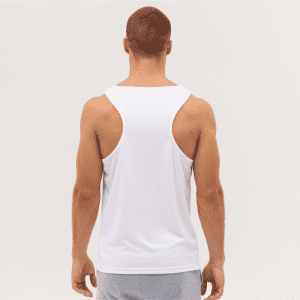 A man is wearing a white sleeveless singlet, viewed from the back, with a plain design. It features a logo.