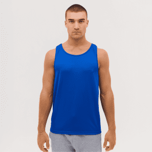 A blue singlet worn by a male model, featuring a simple design and a logo on the chest.