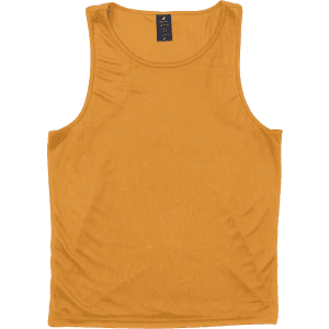 A gold singlet featuring a simple design and a tag with a logo.