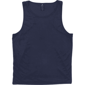 A navy blue singlet with a breathable design and a logo on the label.