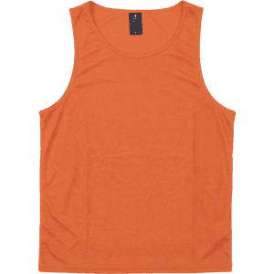 An orange singlet featuring a round neckline and no sleeves, with a logo on the label.