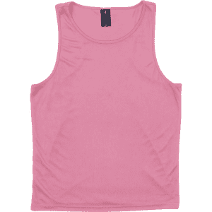 A pink singlet featuring a neckline and a label at the top. The fabric appears smooth and lightweight.
