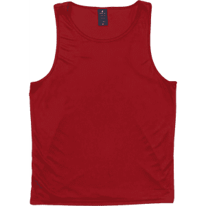 A red singlet with a smooth texture, featuring a logo at the neckline.
