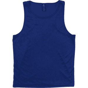 A blue singlet with a sleeveless design, featuring a logo on the inside label.