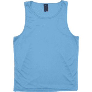 A blue singlet featuring a round neck and a label inside, designed for active wear. It has a branding logo.