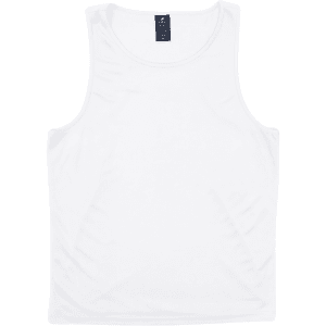 A white singlet with a round neckline and a label at the top. It features no other visible designs or patterns.