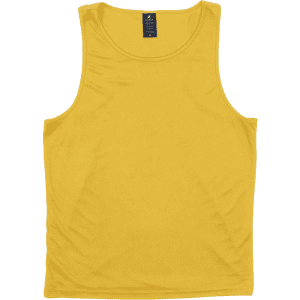 A yellow sleeveless singlet with a branded label at the neckline.