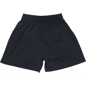 A pair of black youth shorts with an elastic waistband and a loose fit. The shorts feature side pockets and a logo.