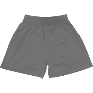 A pair of youth shorts in dark grey with an elastic waistband and a logo.
