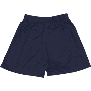 Navy blue youth shorts with an elastic waistband. Features a logo on the side.