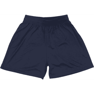 Youth Core Shorts in navy blue, featuring an elastic waistband and a logo on the side.