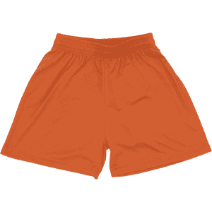 An orange pair of youth shorts with an elastic waistband and a simple design. It features a logo.