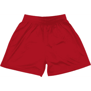 Red youth shorts featuring an elastic waistband and a simple design. The shorts have a logo on one side.