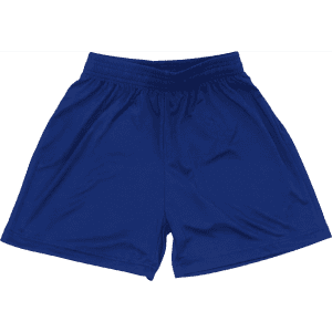 A pair of navy blue youth shorts with an elastic waistband and no visible logos.