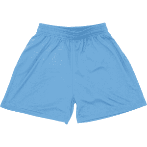 Light blue youth shorts with an elastic waistband and a logo on the front.