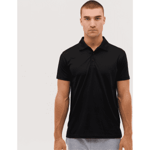 A black polo shirt worn by a model, featuring a classic collar and short sleeves, with a logo on the chest.