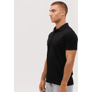 A black polo shirt featuring a collar and short sleeves, shown from the side with a plain design.