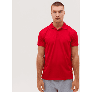A red polo shirt with a collar displayed on a model against a plain background. The shirt has a logo on it.