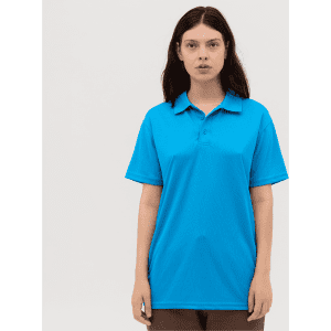 A blue polo shirt with a collar and short sleeves, featuring a logo on the chest.