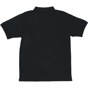 A black polo shirt with a collar and short sleeves, featuring a logo on the back.