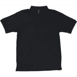 A black polo shirt featuring a collar and three buttons, with a small logo on the front.