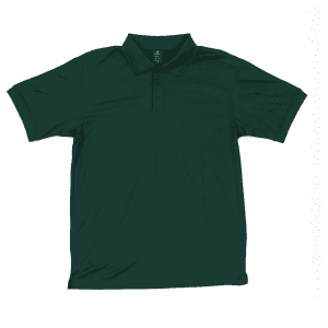 A dark green polo shirt with a collar and short sleeves, featuring a branding logo on the label.