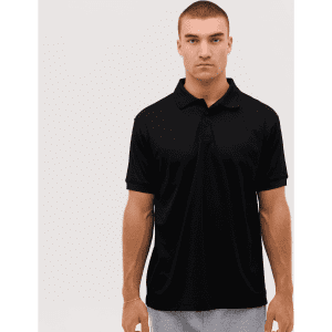 A black polo shirt with a collar and short sleeves, featuring a logo on the chest.