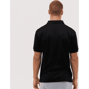 A black polo shirt displayed on a model from the back, featuring short sleeves and a collar.