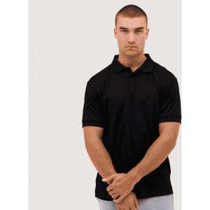A black polo shirt is featured, displayed on a model with a neutral background. The shirt has a collar and short sleeves.