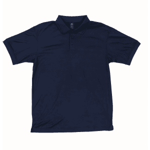 A navy polo shirt featuring a collar, three buttons, and a logo on the chest.